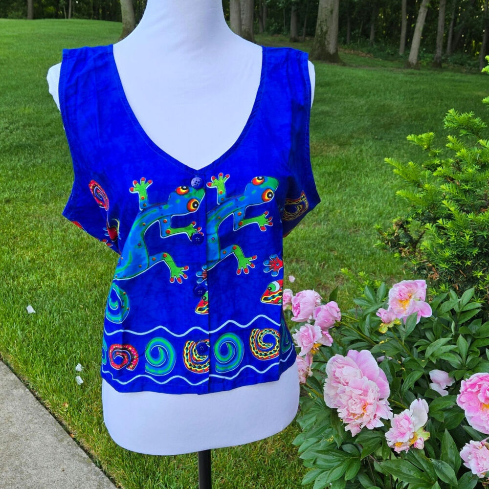 NWT Rima Beachwear Blue Colorful Gecko Print Sleeveless Top Tie Back Resort XL
